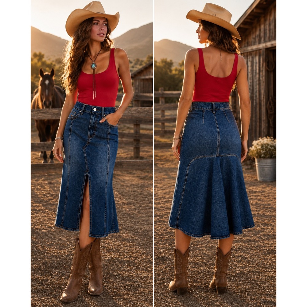 Express Midi Skirt Size 0 Blue Denim Hi Rise Front Slit Country Cowgirl NWT
